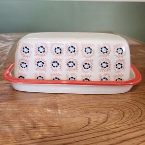 Threshold Porcelain Butter Dish White with Blue Flowers & Coral Modern Floral